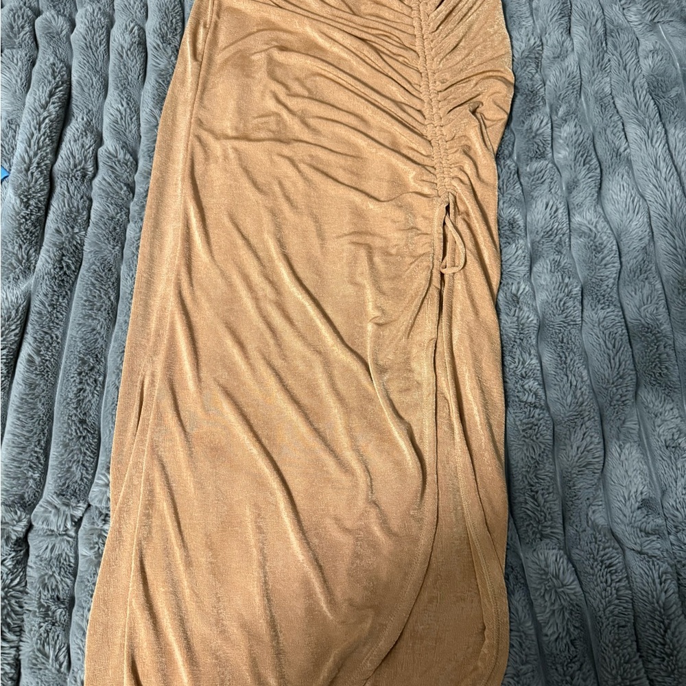 JLUXLABEL Tan Ruched Pencil Skirt